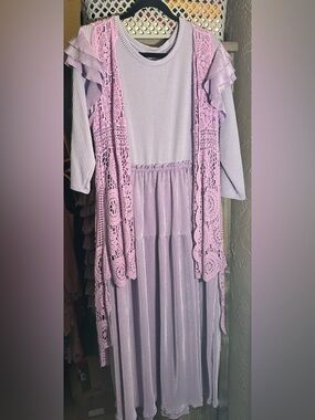 Lavender Crochet Vest & Dress Set - Soft Lilac Two-Piece